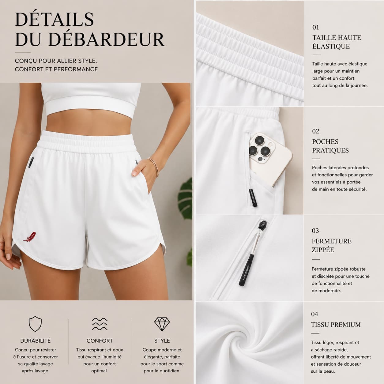 Short de sport femme taille haute avec poche zippée – Confort & praticité