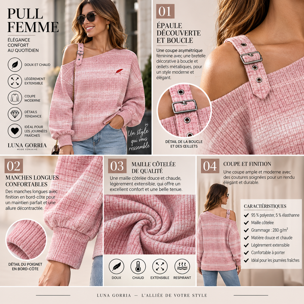Pull épaules dénudées pour femme – Maille côtelée, chaleur & élégance