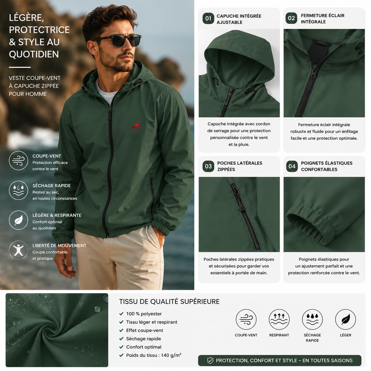 Veste coupe-vent à capuche zippée pour homme – Légèreté, protection & confort