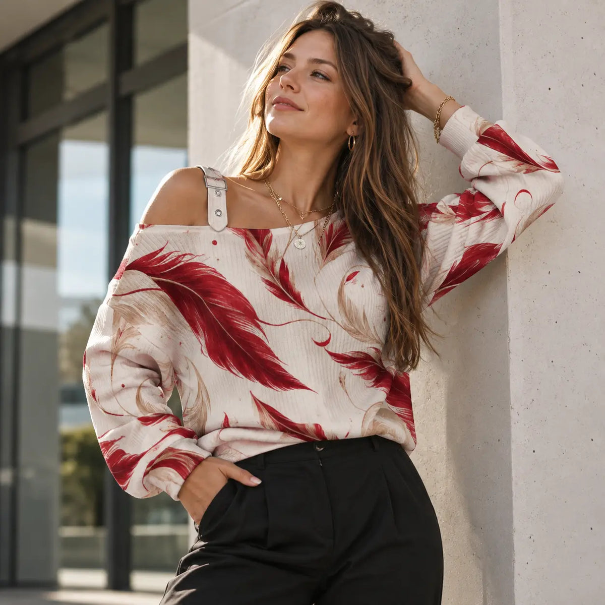 Pull épaules dénudées  à motifs pour femme – Maille côtelée, chaleur & élégance