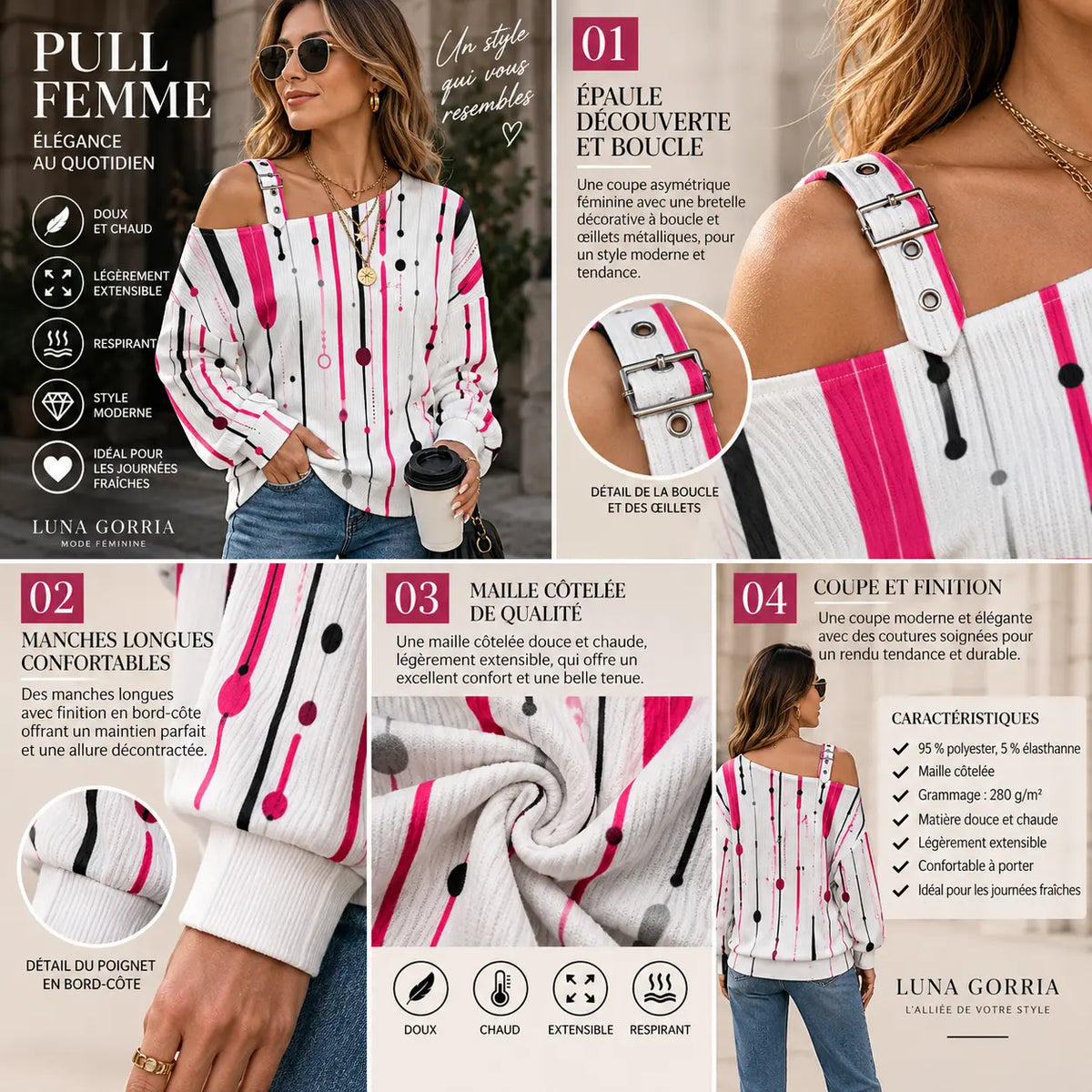Pull épaules dénudées  à motifs pour femme – Maille côtelée, chaleur & élégance