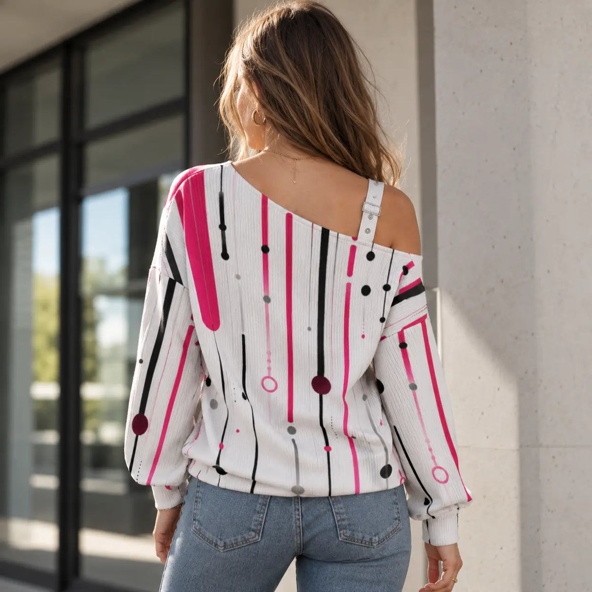 Pull épaules dénudées  à motifs pour femme – Maille côtelée, chaleur & élégance