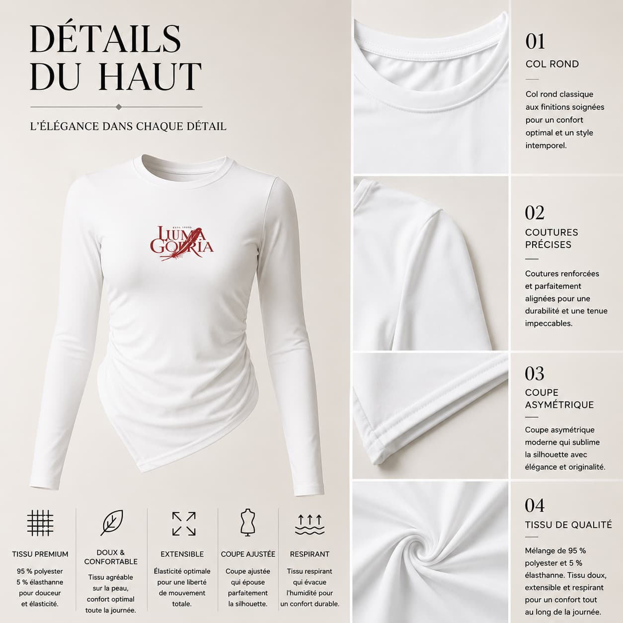 Haut femme à manches longues col rond – Coupe asymétrique ajustée