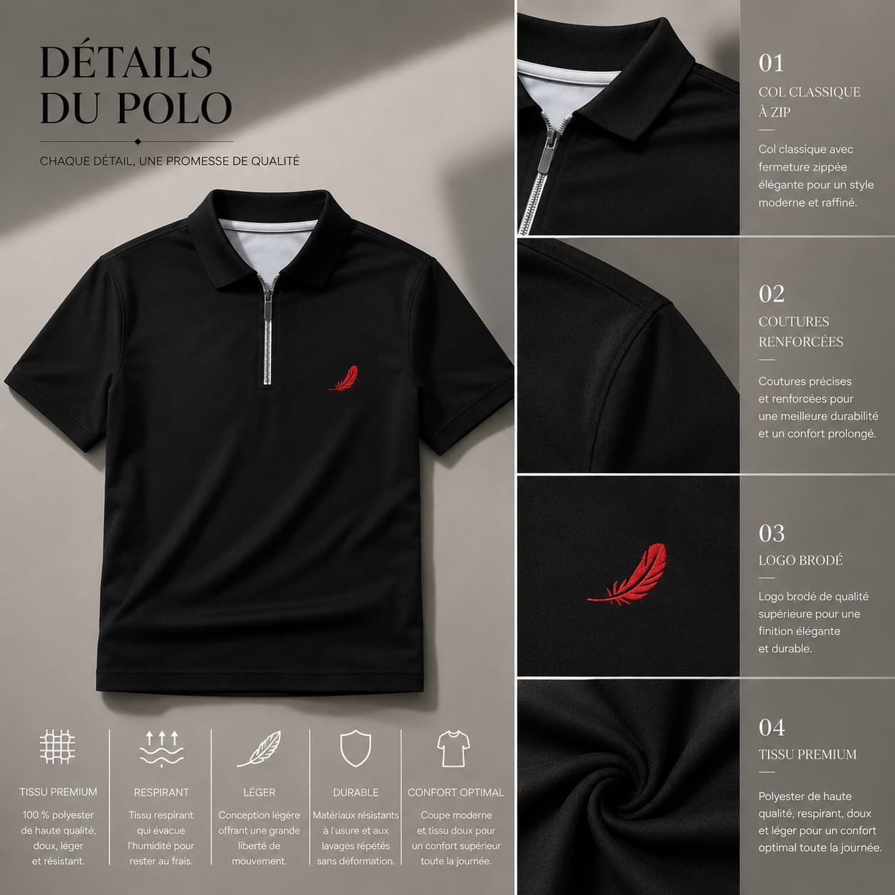 Polo homme à fermeture zippée – Élégance moderne & confort respirant