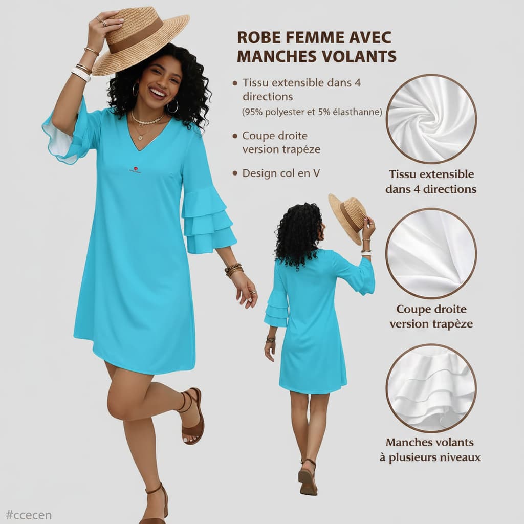 Robe femme col V manches à volants – Élégance fluide & féminité