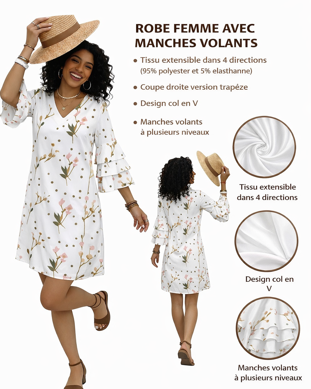 Robe femme col V manches à volants – Élégance fluide & féminité