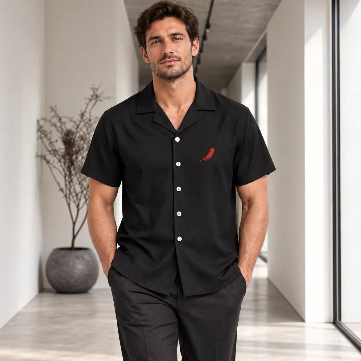 Chemise manches courtes en polyester pour homme – Élégance décontractée & confort