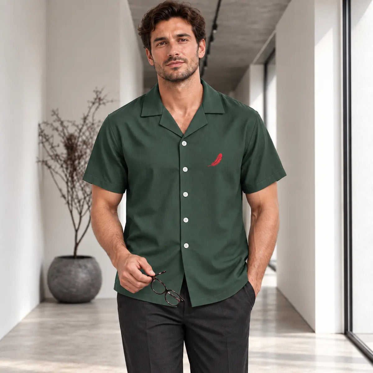 Chemise manches courtes en polyester pour homme – Élégance décontractée & confort