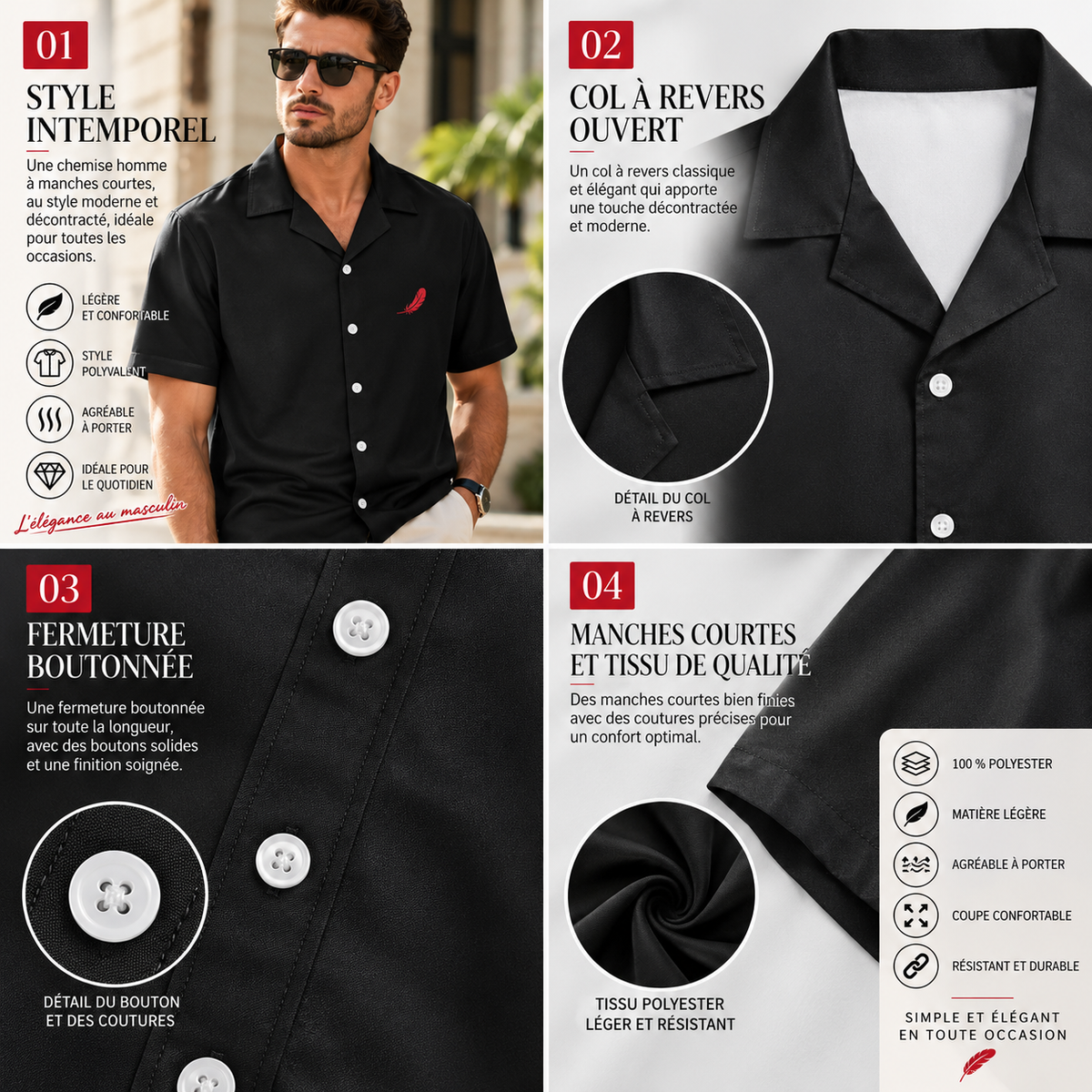 Chemise manches courtes en polyester pour homme – Élégance décontractée & confort