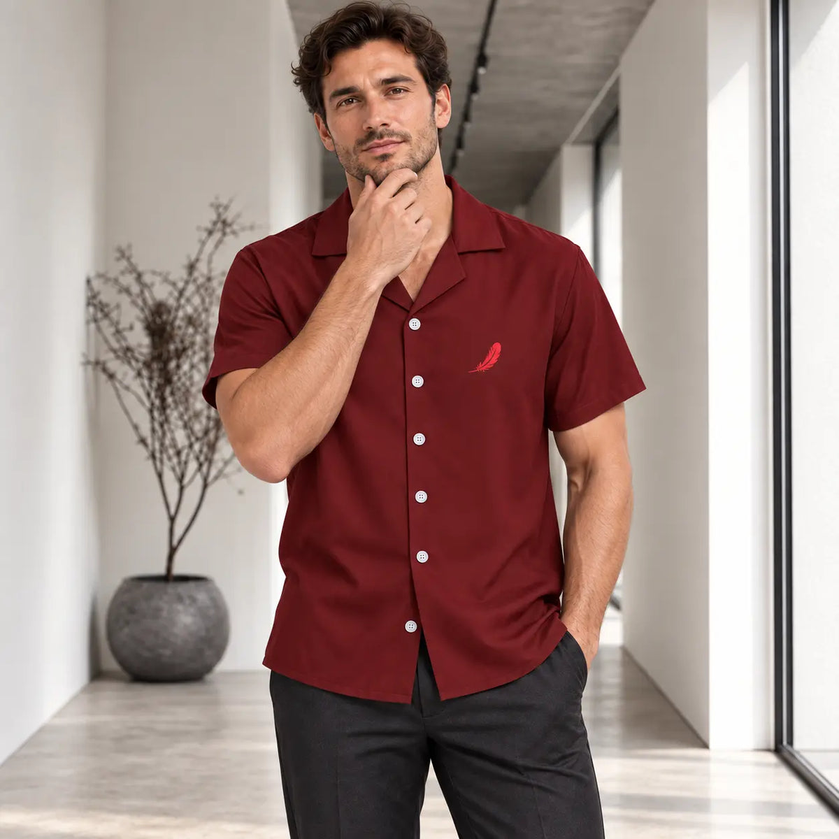 Chemise manches courtes en polyester pour homme – Élégance décontractée & confort
