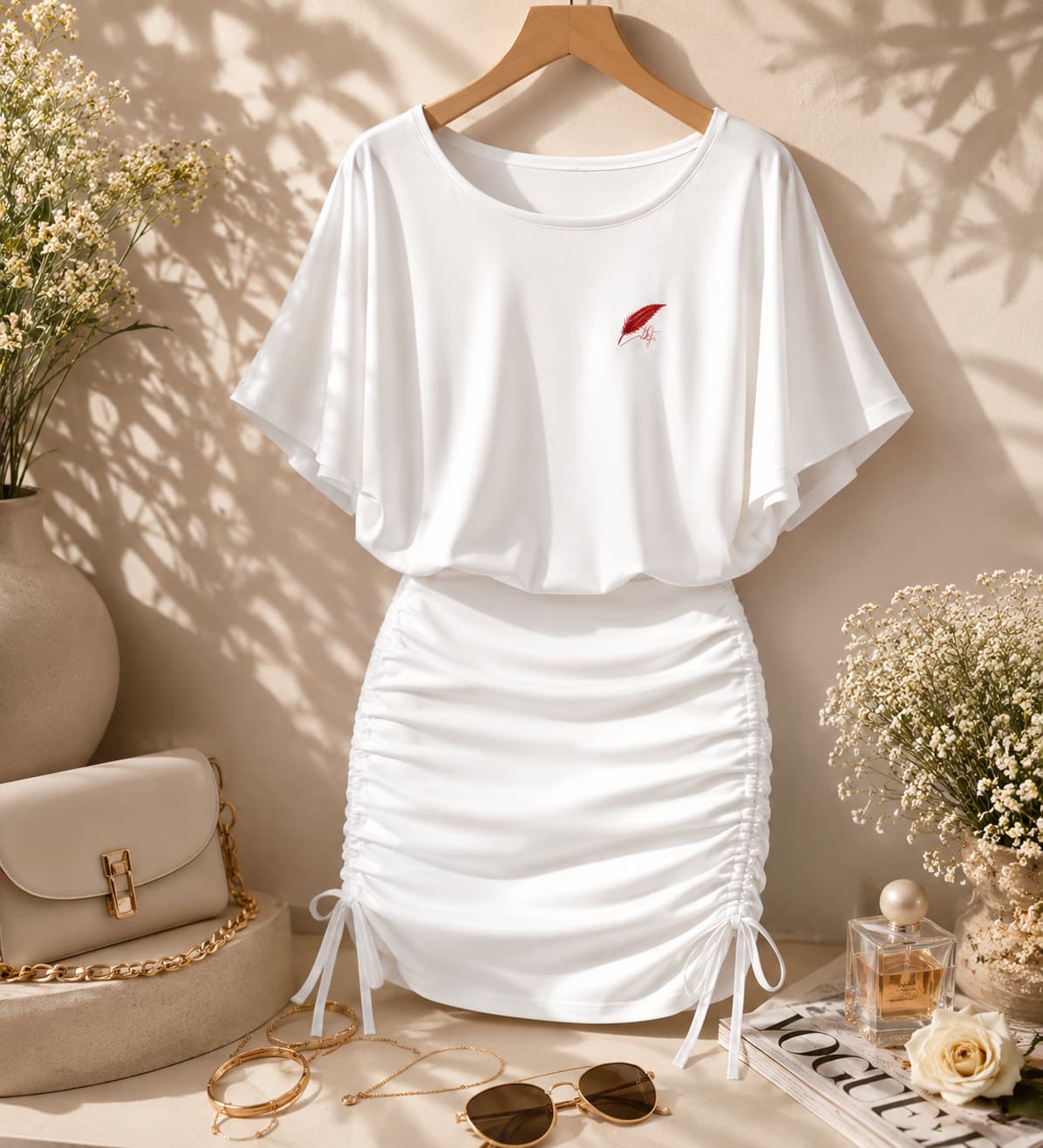 Robe froncée à manches chauve-souris pour femme – Élégance & confort modulable
