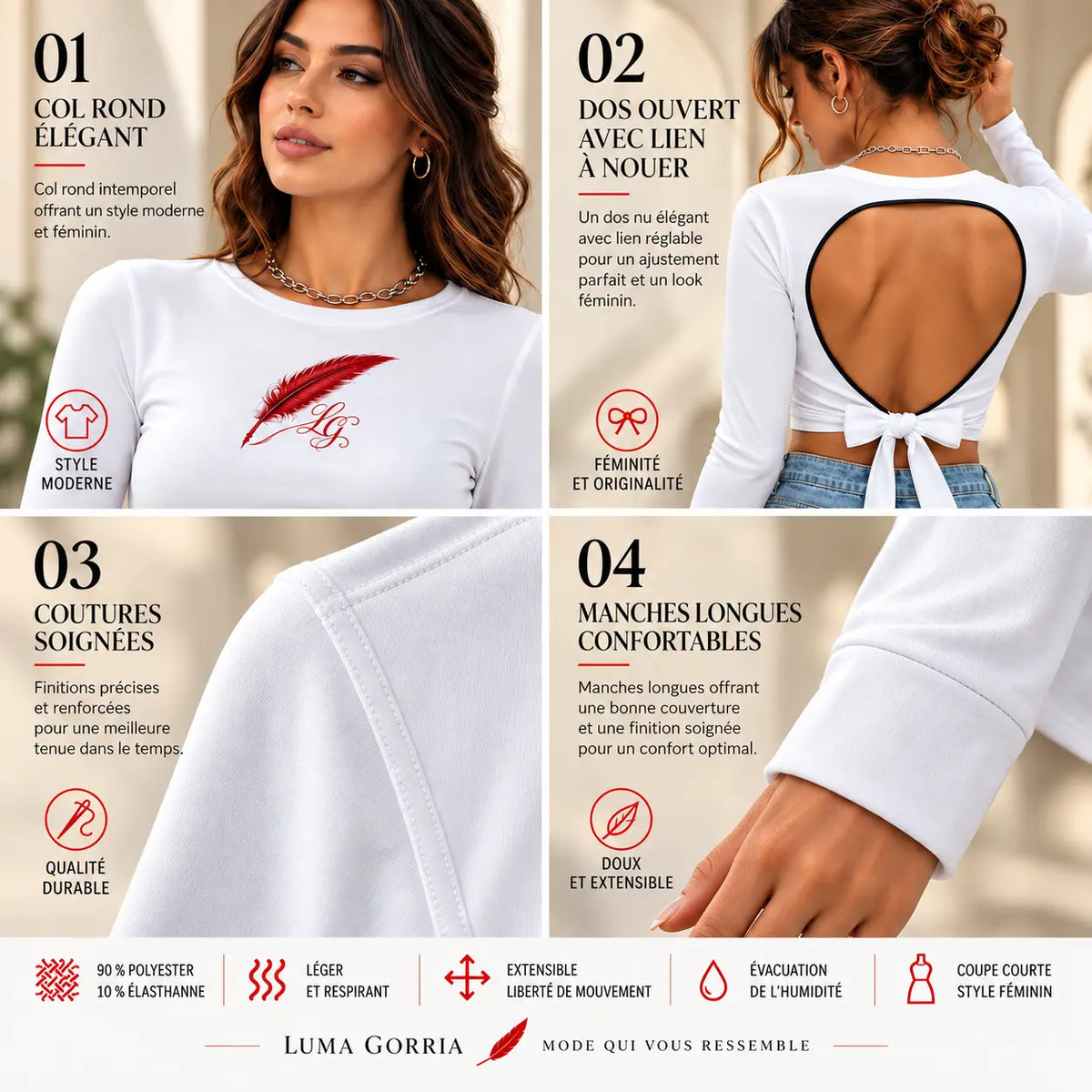 Crop top dos nu à manches longues pour femme – Féminité, confort & style