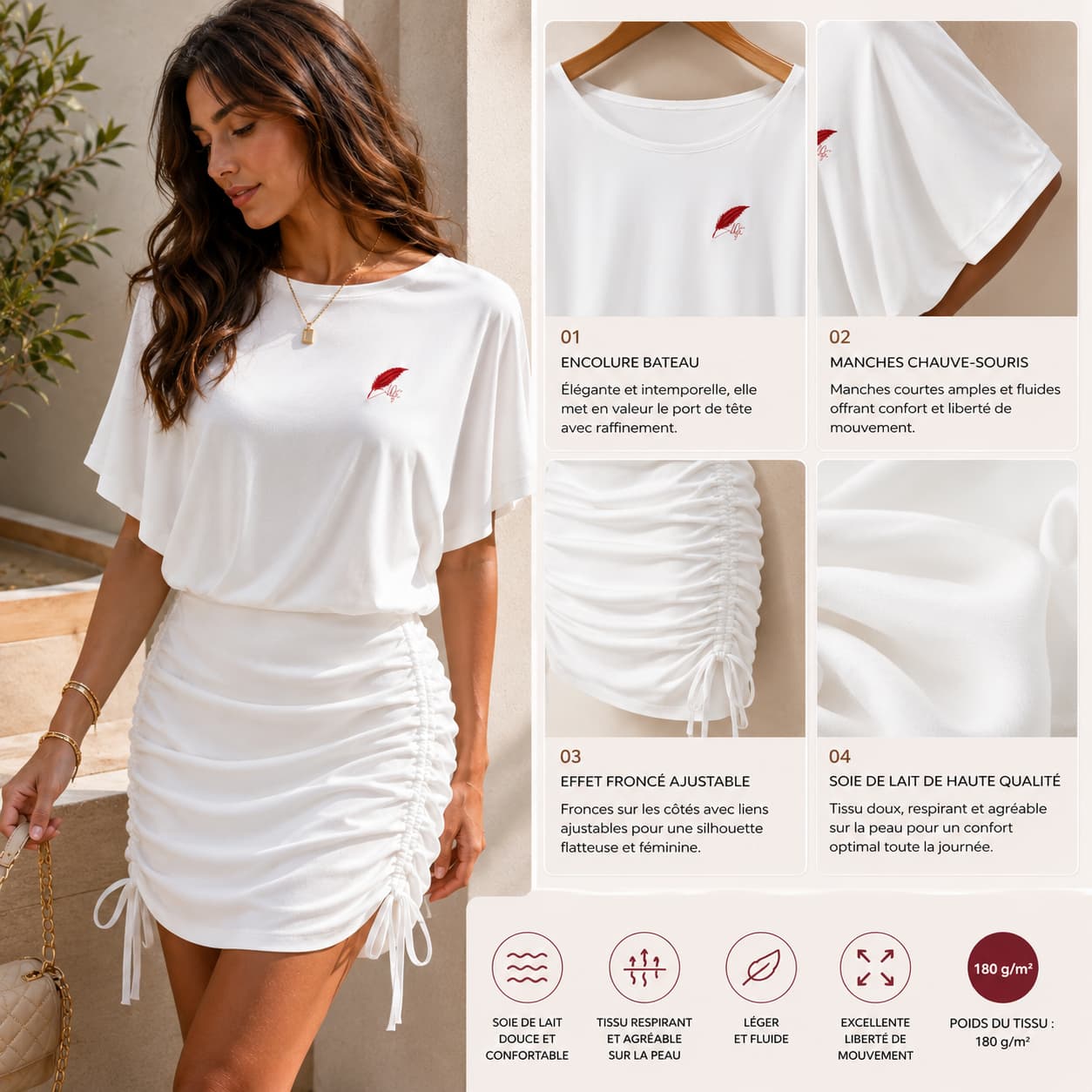 Robe froncée à manches chauve-souris pour femme – Élégance & confort modulable