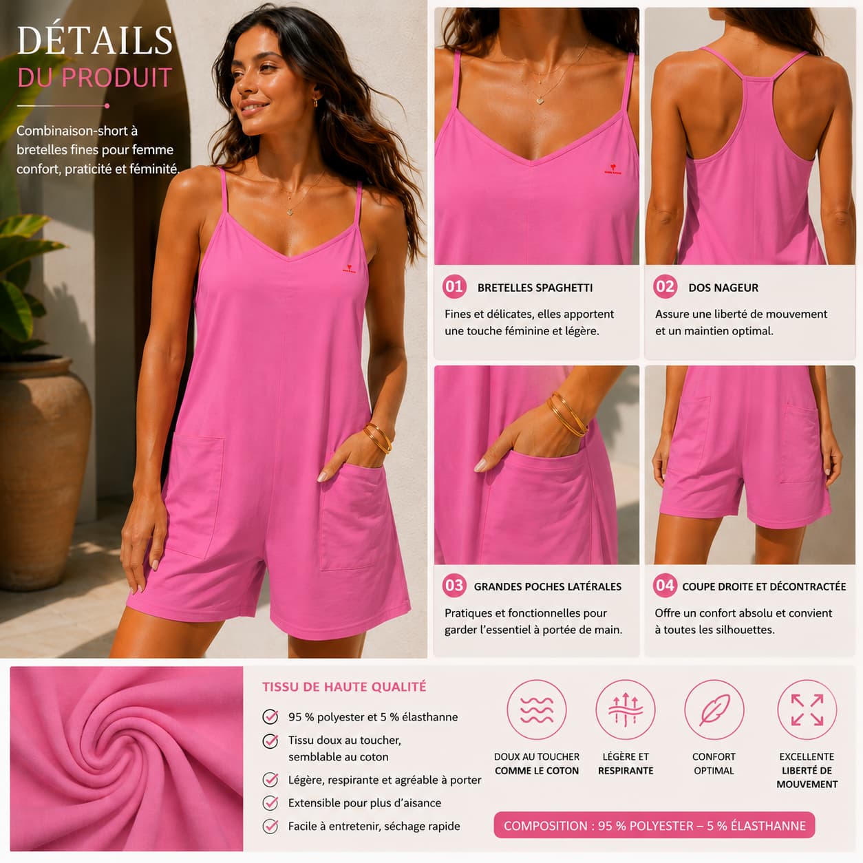 Combinaison-short femme à bretelles fines avec poches – Confort & style décontracté