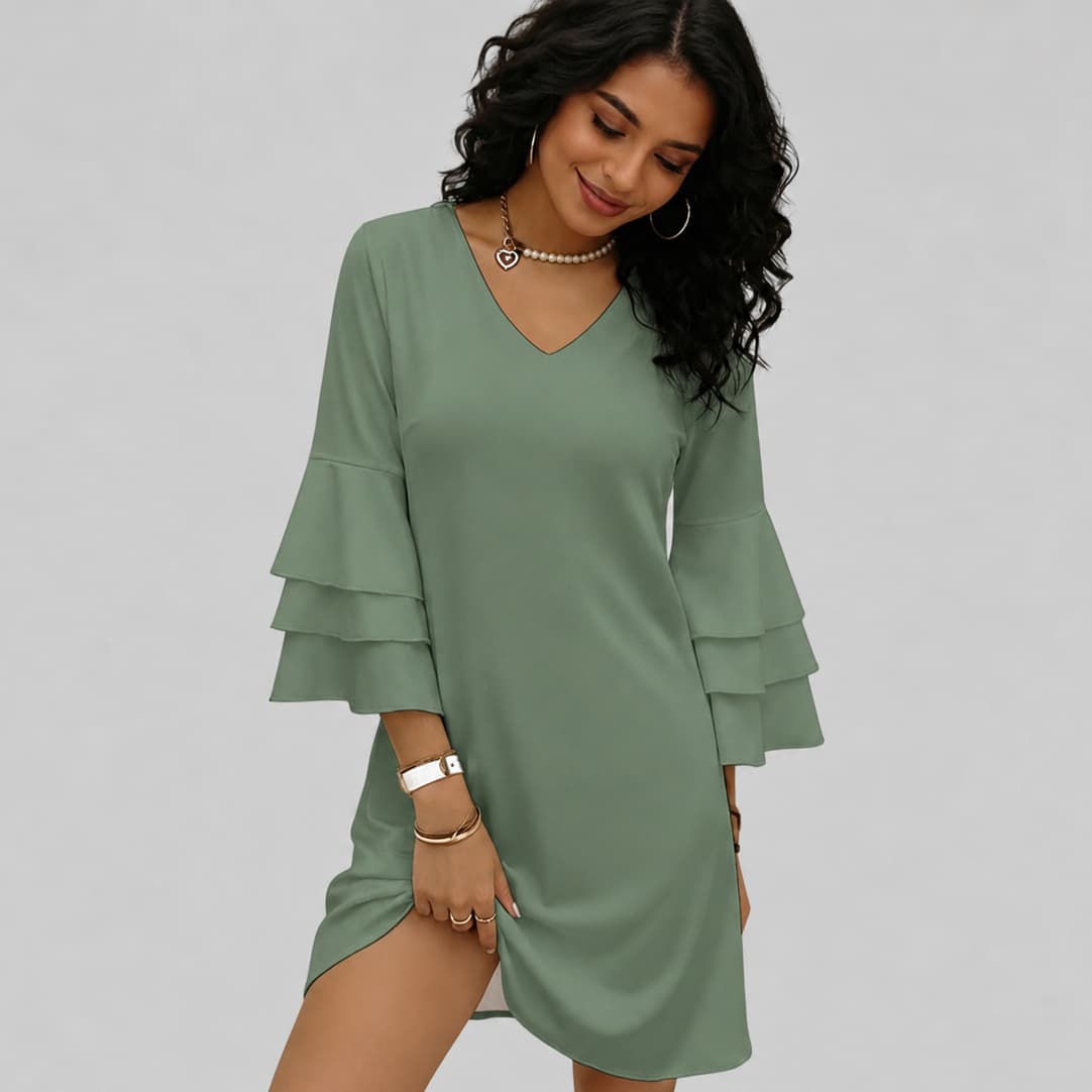 Robe femme col V manches à volants – Élégance fluide & féminité