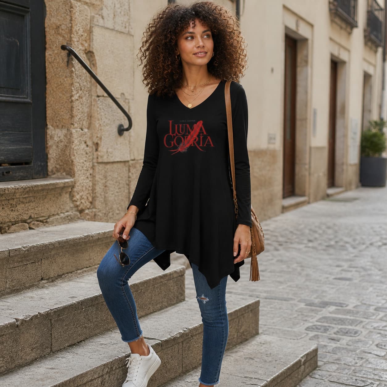 Tunique femme col V asymétrique manches longues – Élégance moderne & confort
