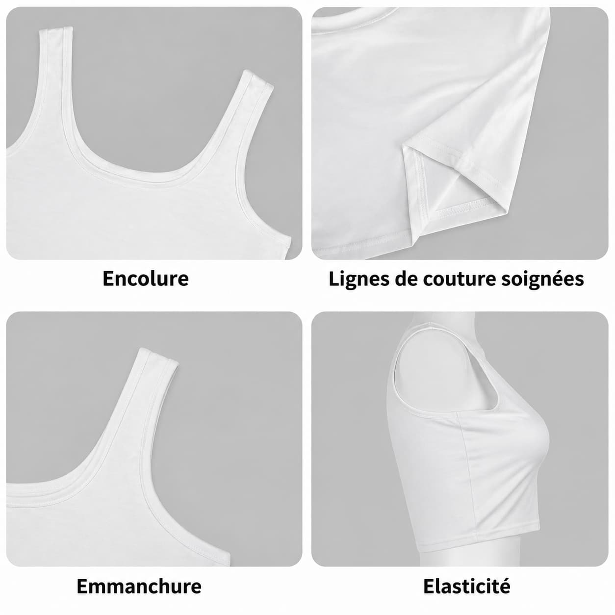 Crop top femme sans manches extensible. Confortable & chic