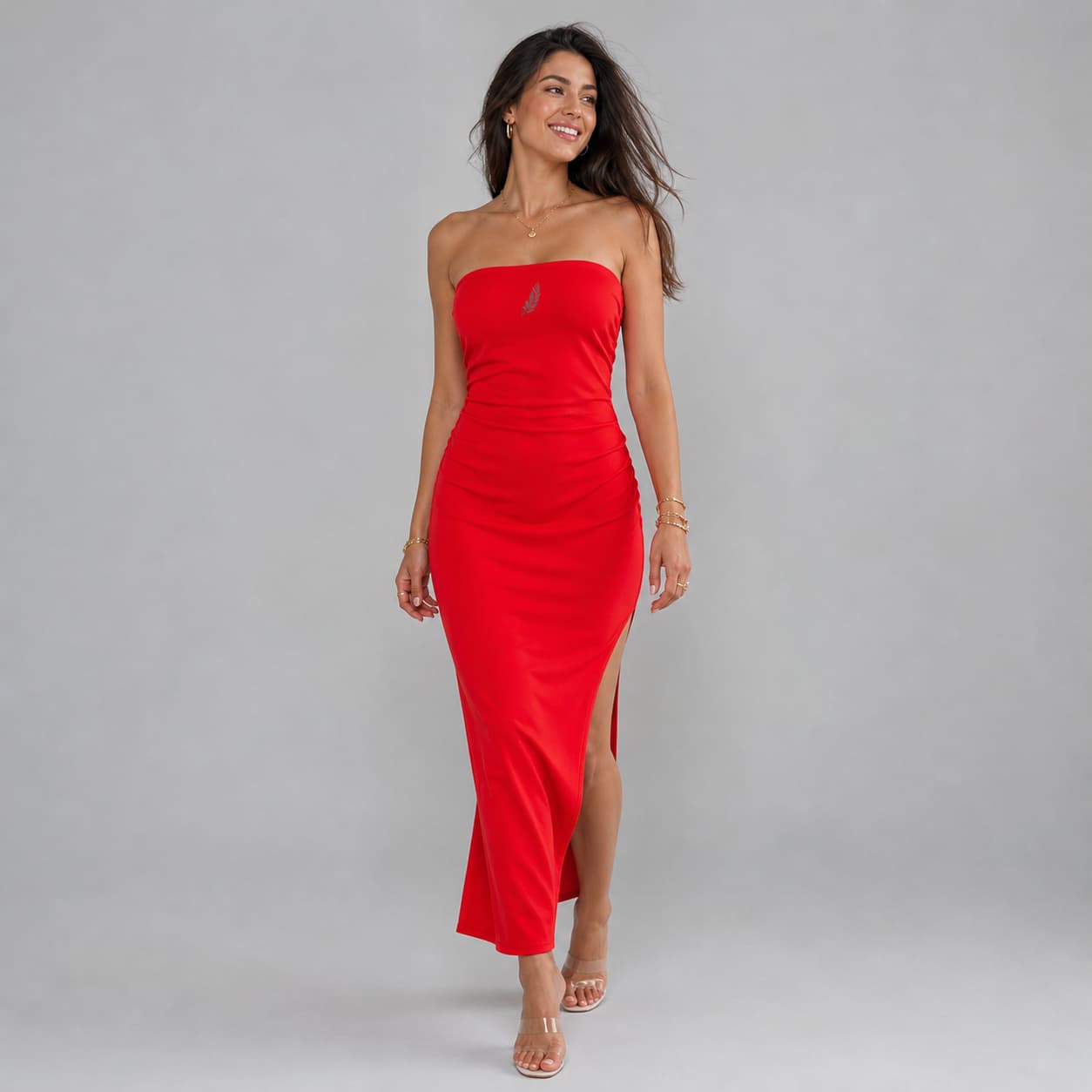 Robe longue fendue sans bretelles – Élégante, glamour & sculptante