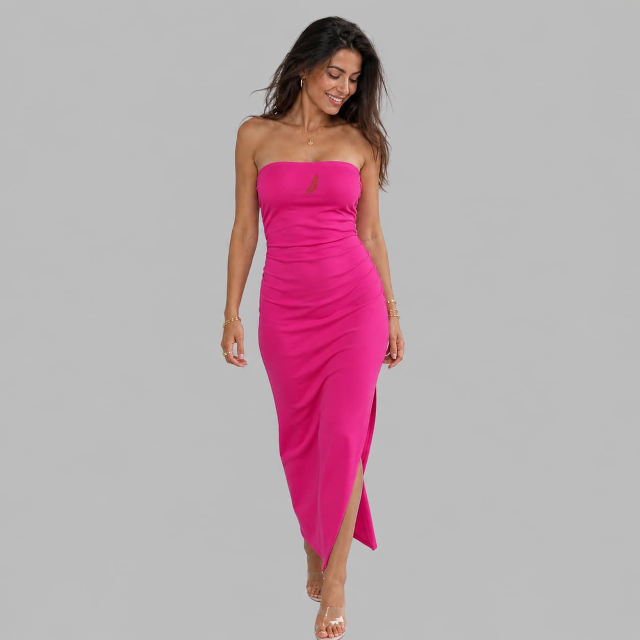 Robe longue fendue sans bretelles – Élégante, glamour & sculptante