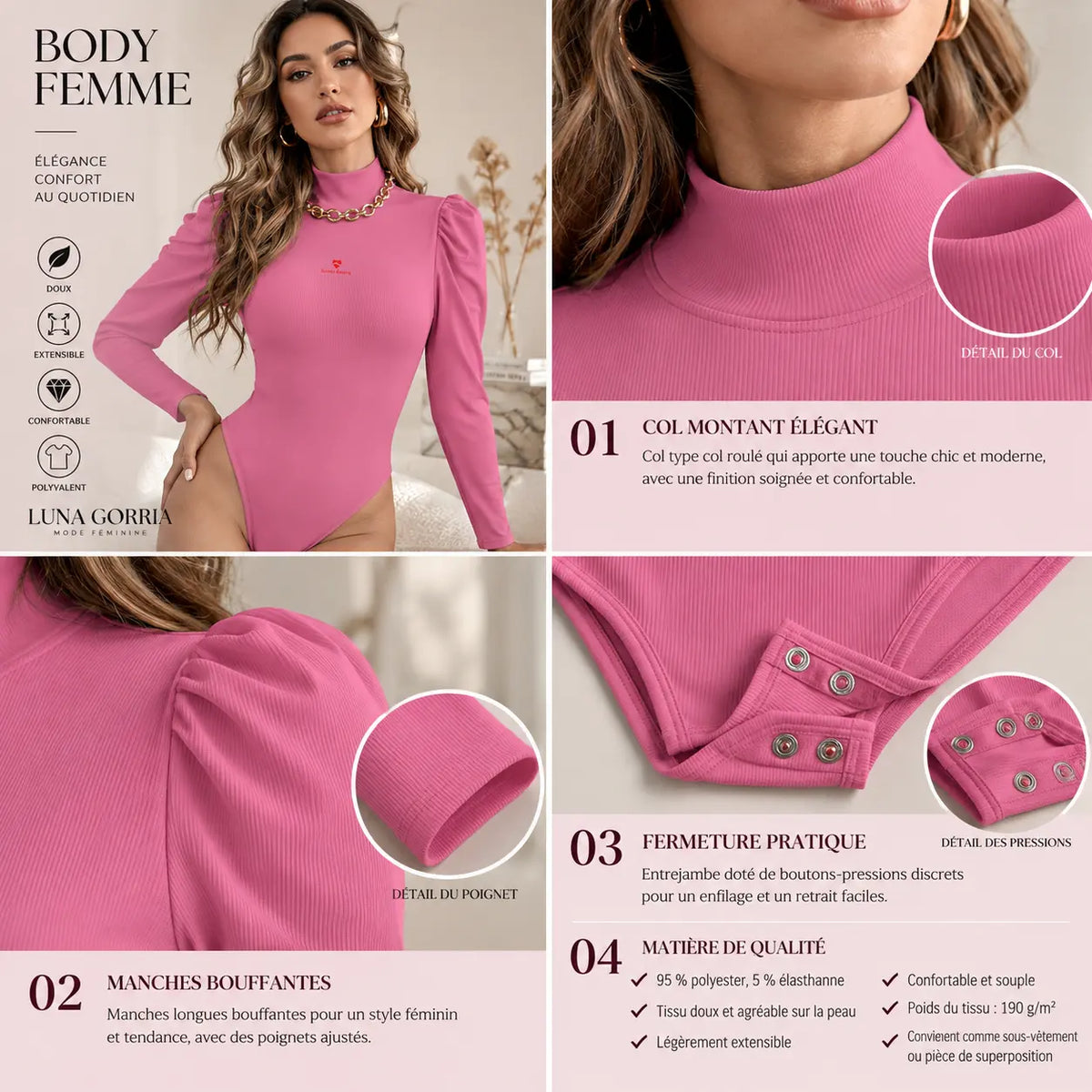 Body femme col roulé à manches bouffantes – Élégance, confort & féminité