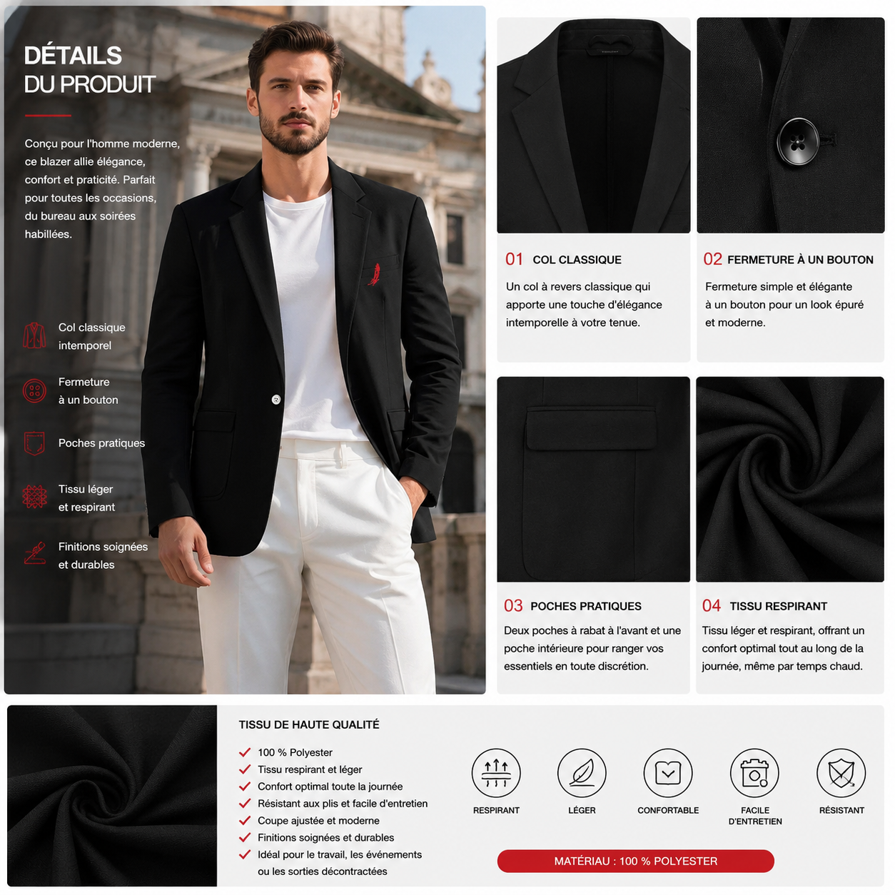 Blazer homme col classique à un bouton – Élégance moderne & confort