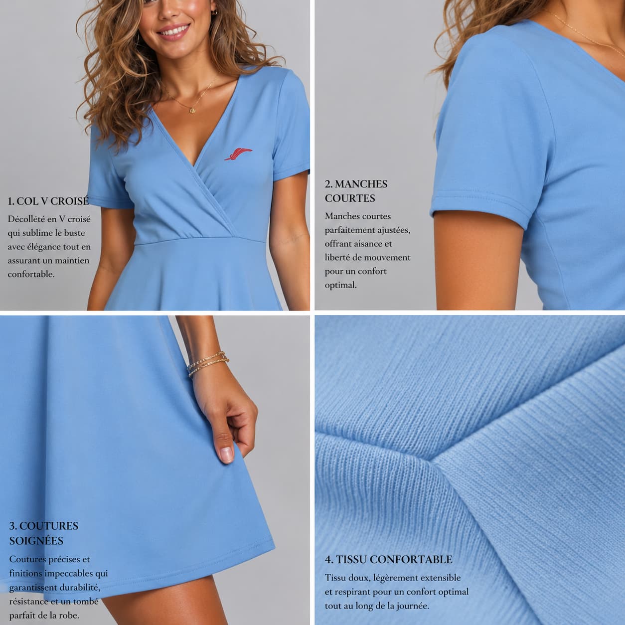 Robe femme manches courtes col V – Élégance, confort & silhouette sublimée