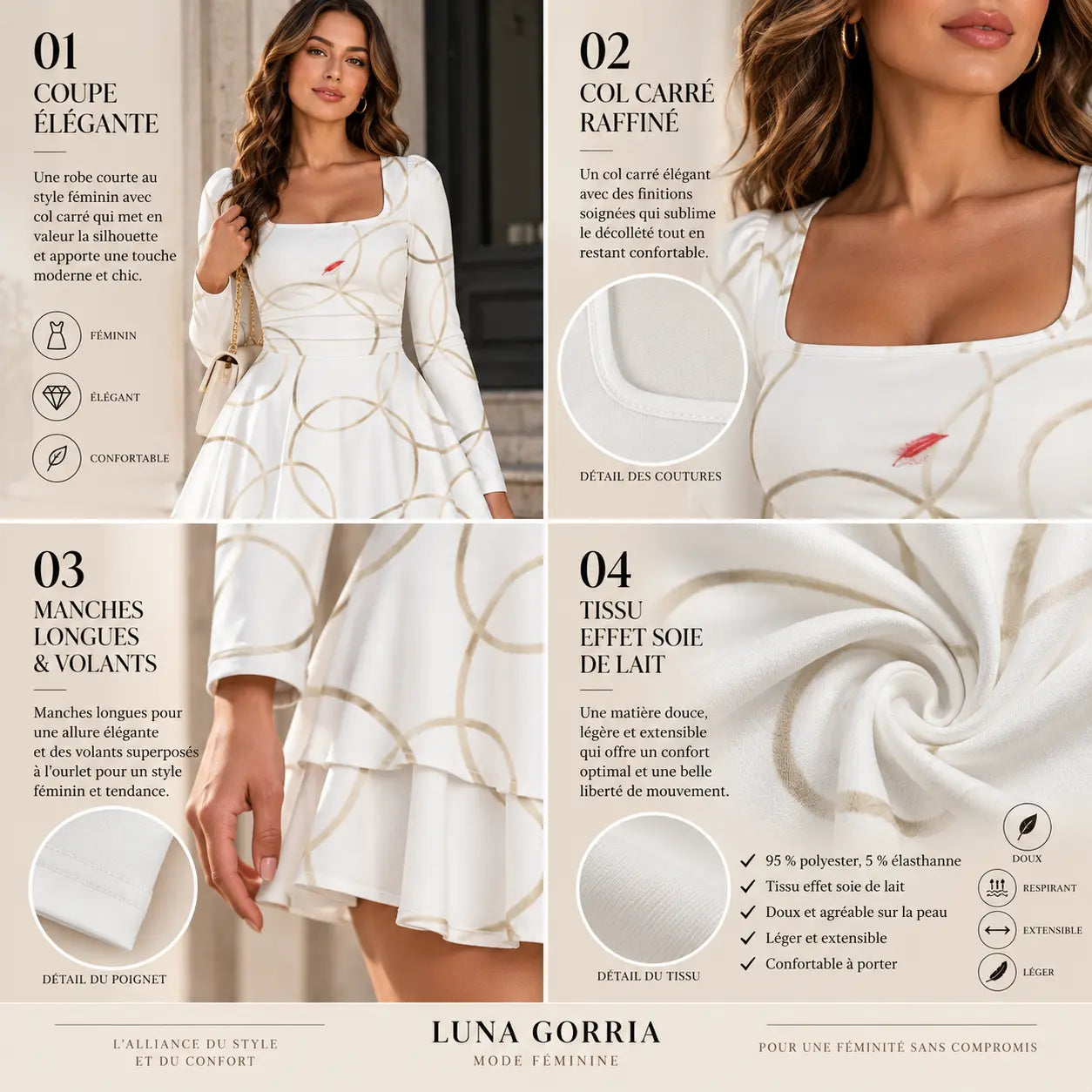 Robe courte à col carré et volants pour femme – Féminité, élégance & confort