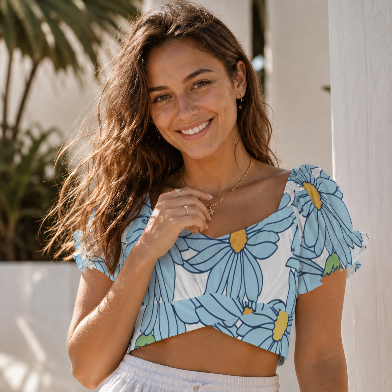 Haut à manches à volants à motifs et dos noué pour femme – Féminité & élégance