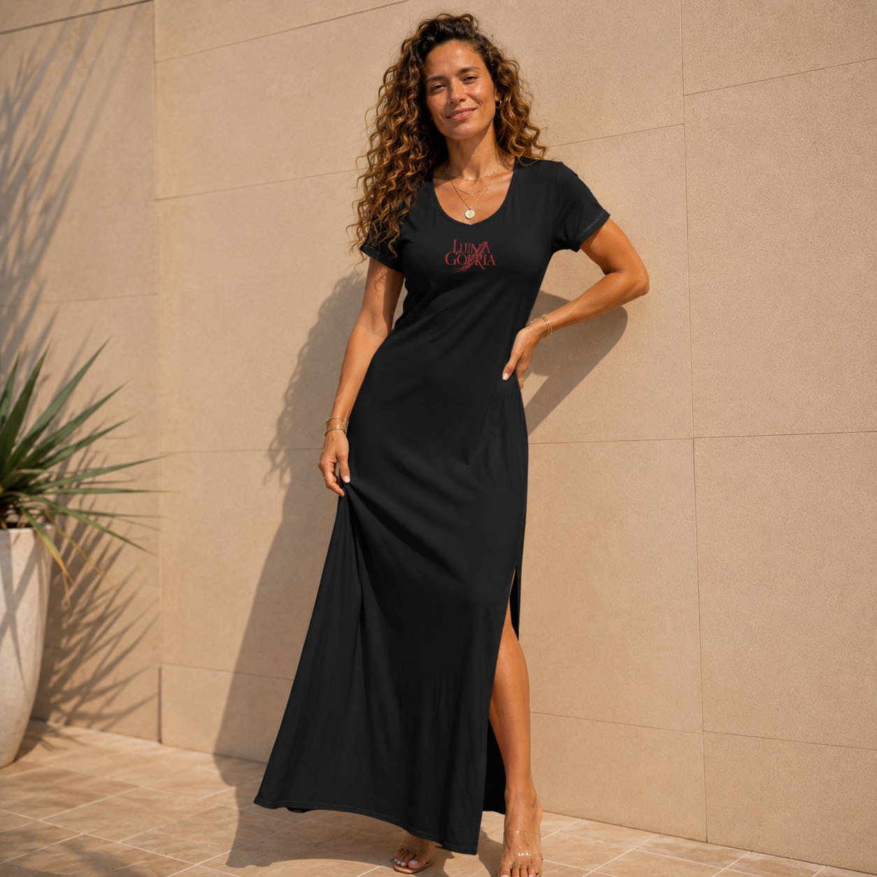 Robe longue ample femme col V manches courtes –  Unie. Fraîcheur & élégance