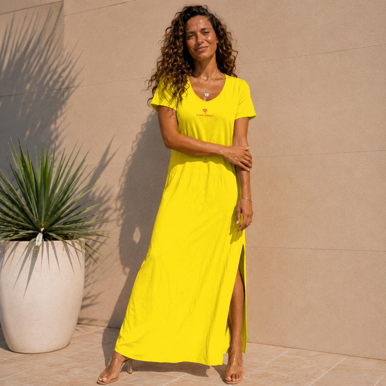 Robe longue ample femme col V manches courtes –  Unie. Fraîcheur & élégance