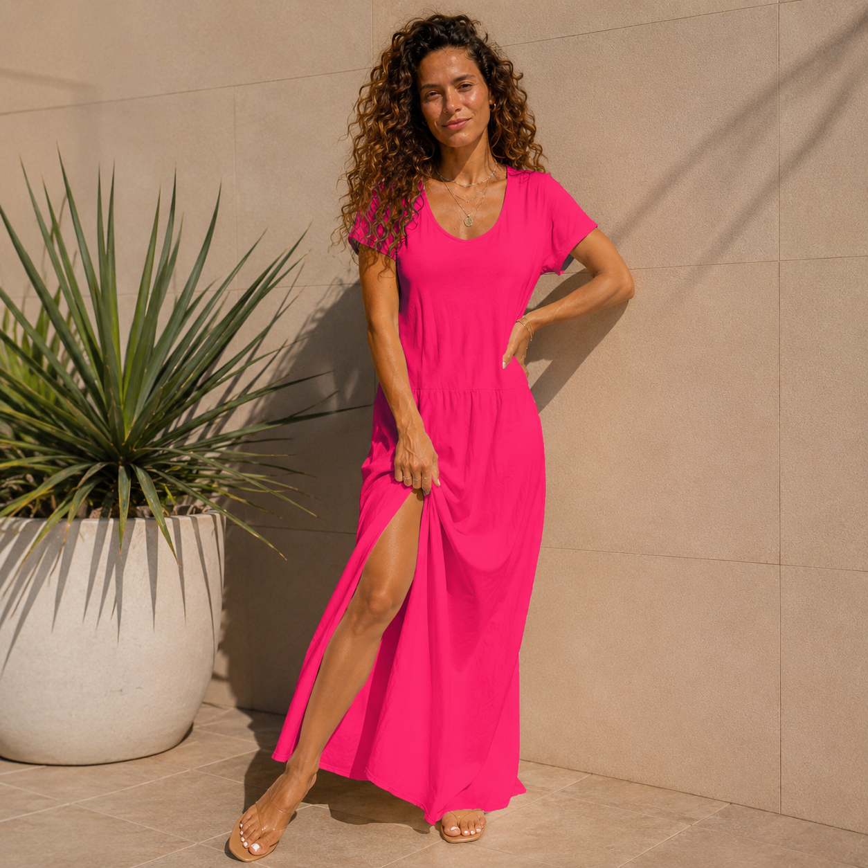 Robe longue ample femme col V manches courtes –  Unie. Fraîcheur & élégance