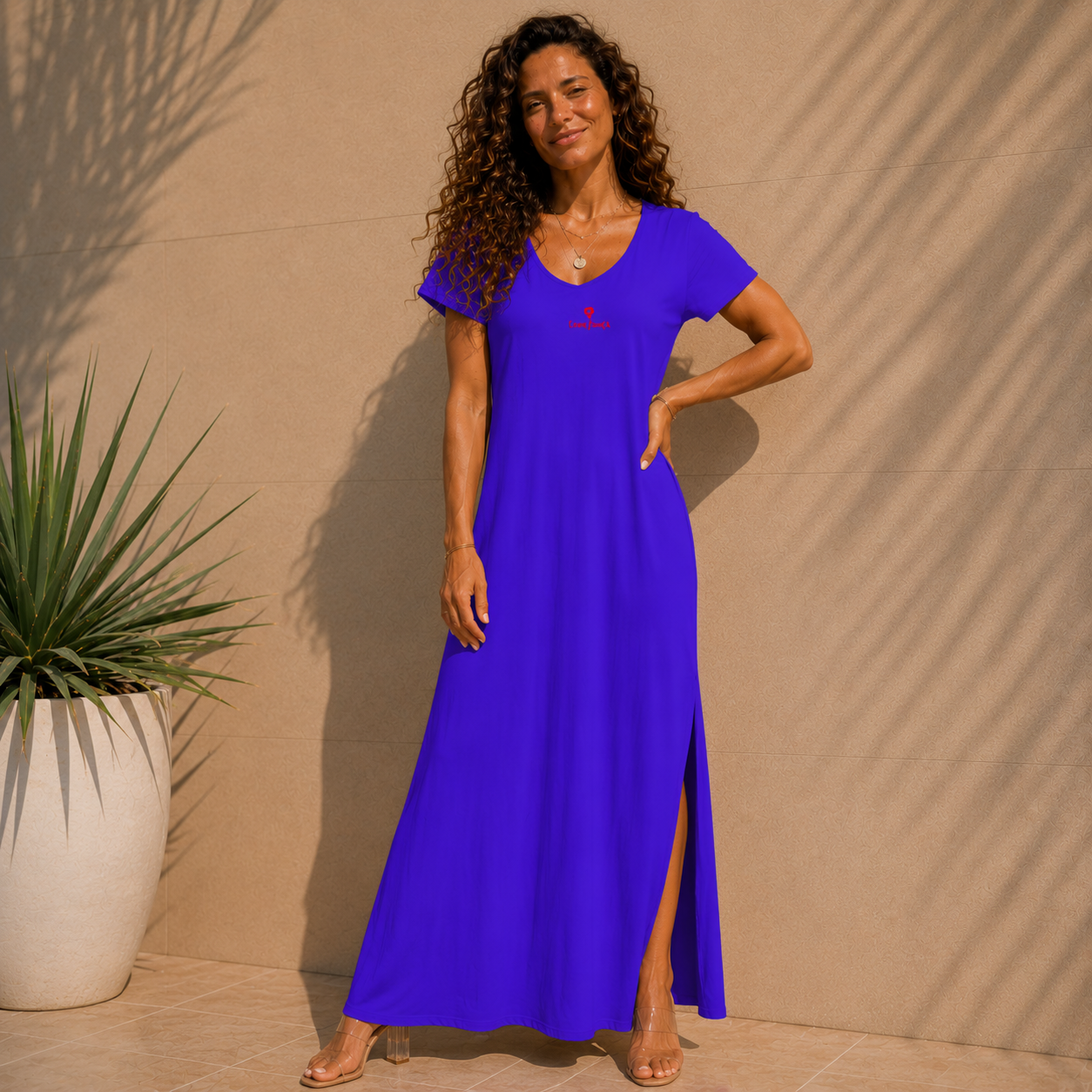 Robe longue ample femme col V manches courtes –  Unie. Fraîcheur & élégance