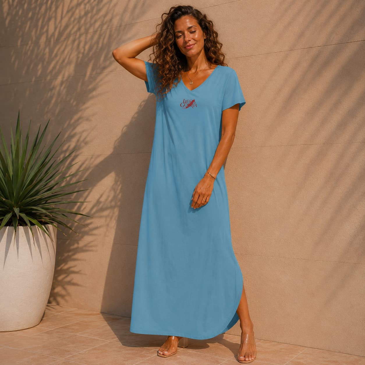 Robe longue élégante col V à manches courtes – Femme