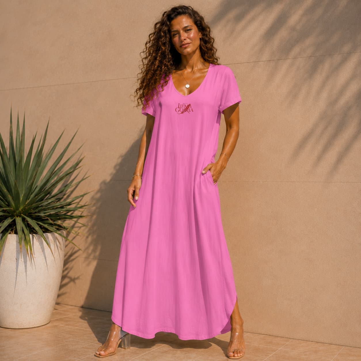 Robe longue élégante col V à manches courtes – Femme