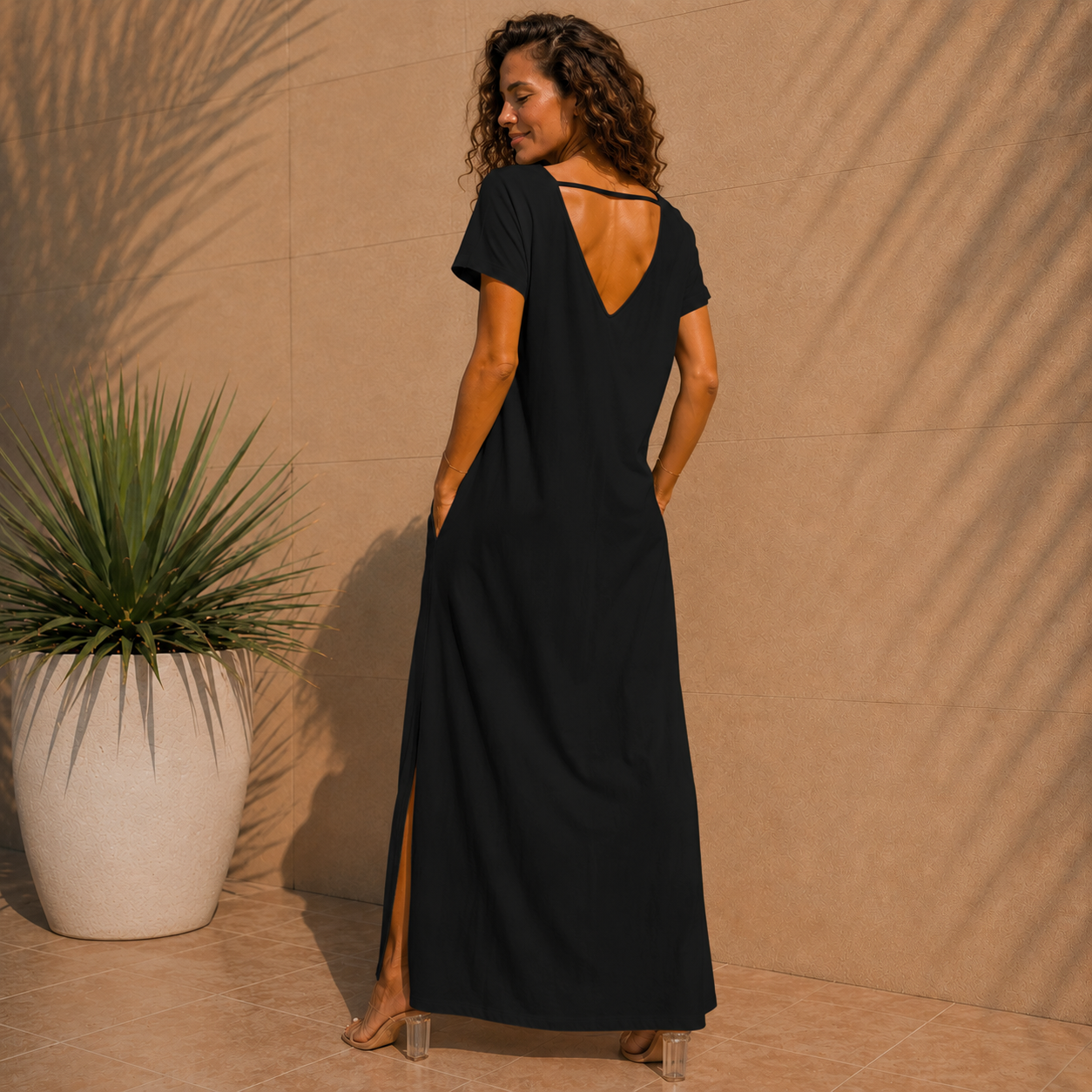 Robe longue élégante col V à manches courtes – Femme