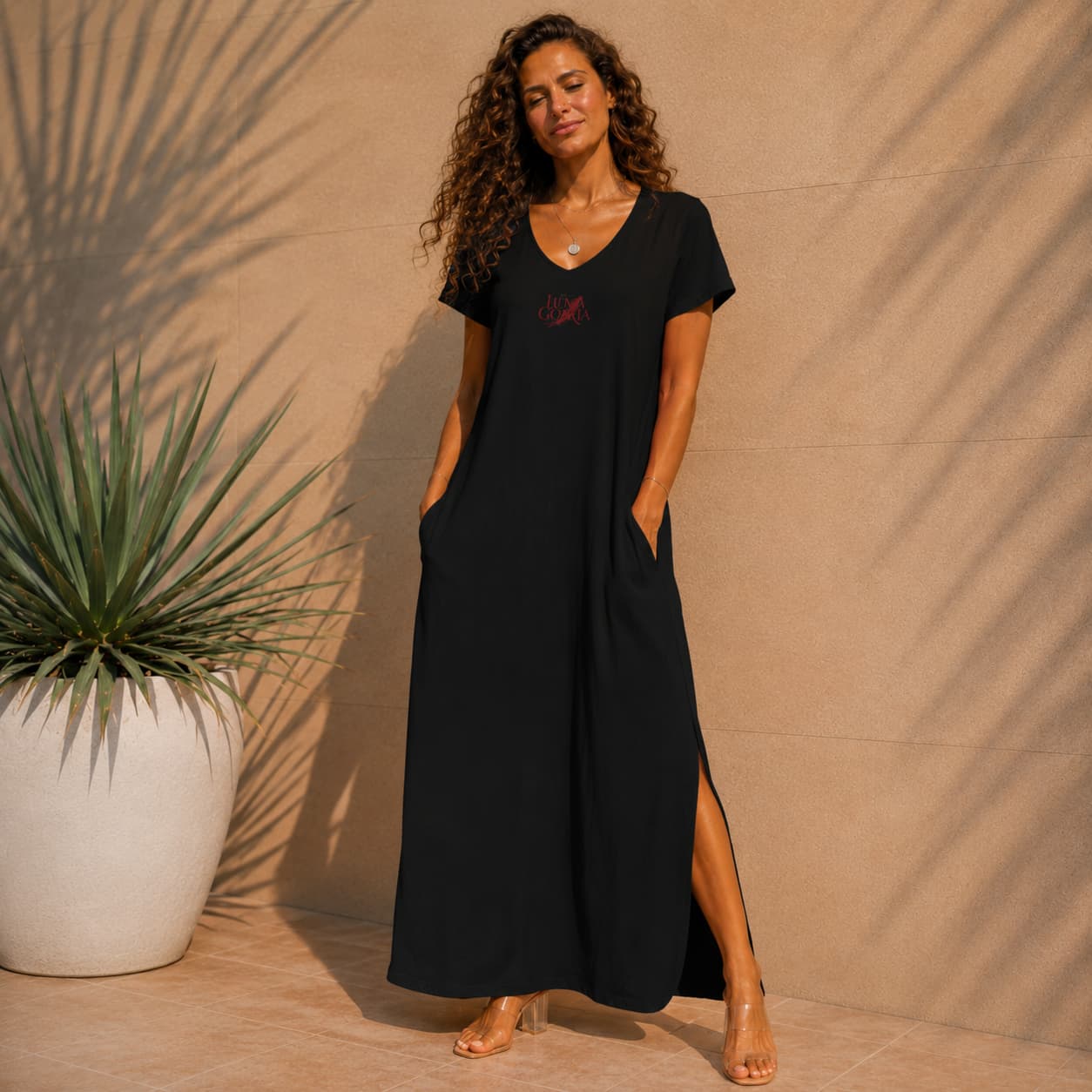 Robe longue élégante col V à manches courtes – Femme