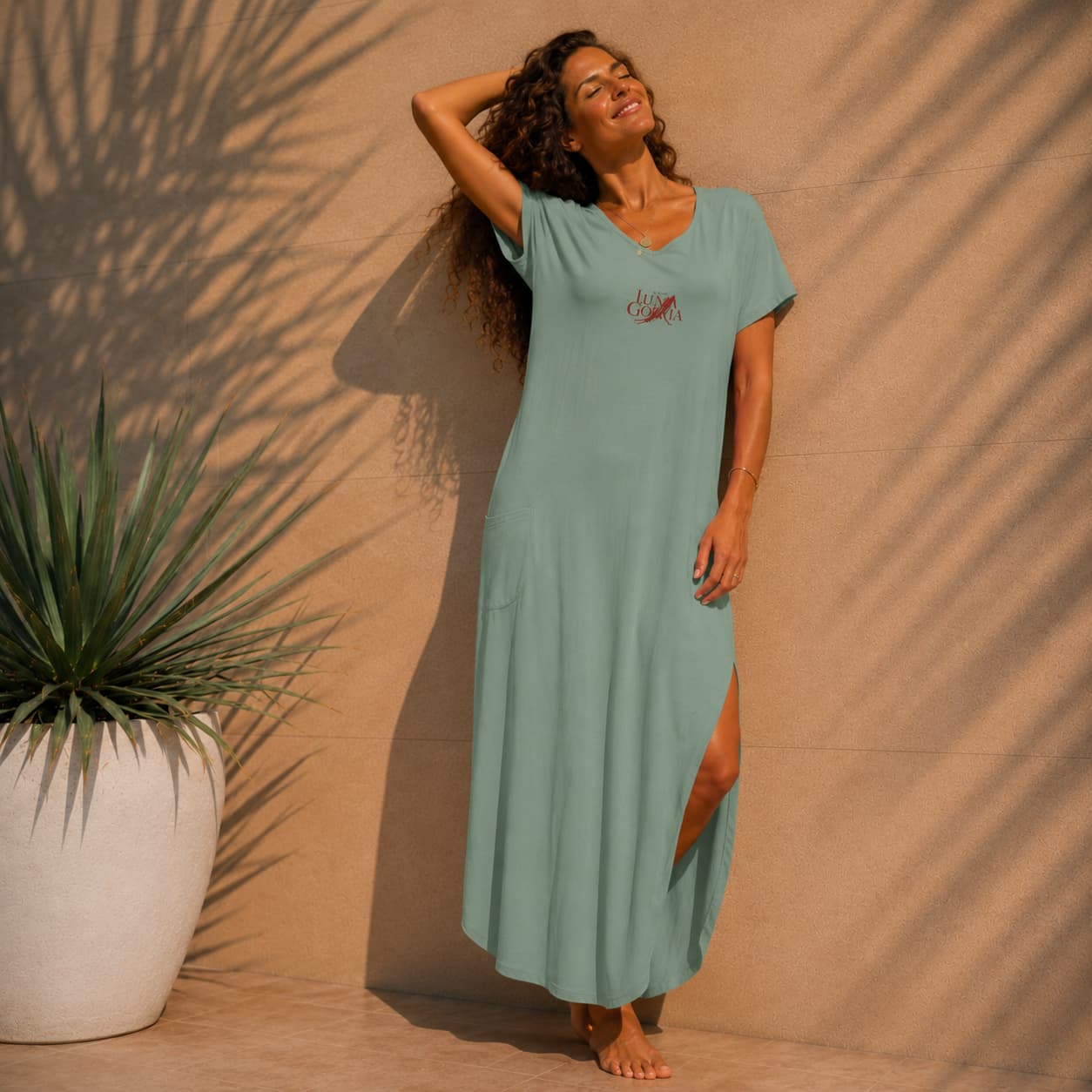 Robe longue élégante col V à manches courtes – Femme