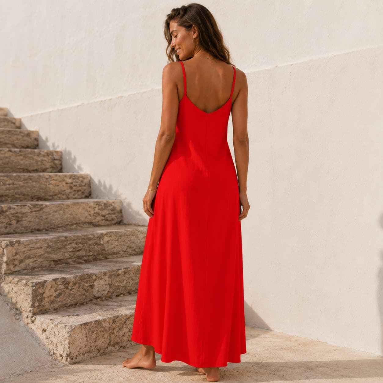 Robe longue femme col V à bretelles – Élégance fluide & style estival