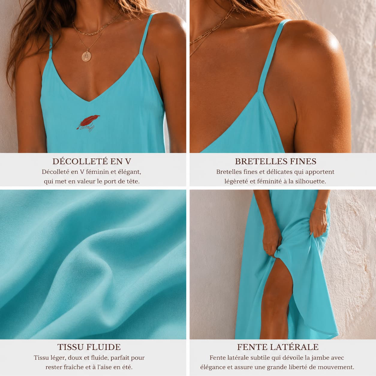 Robe longue femme col V à bretelles – Élégance fluide & style estival