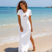 Robe longue ample femme col V manches courtes –  Unie. Fraîcheur & élégance