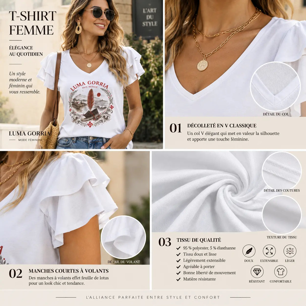 T-shirt femme col V à manches courtes volantées – Féminité, confort & élégance