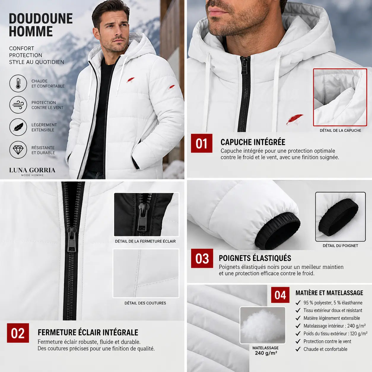 Doudoune chaude matelassée à capuche pour homme – Protection, chaleur & confort