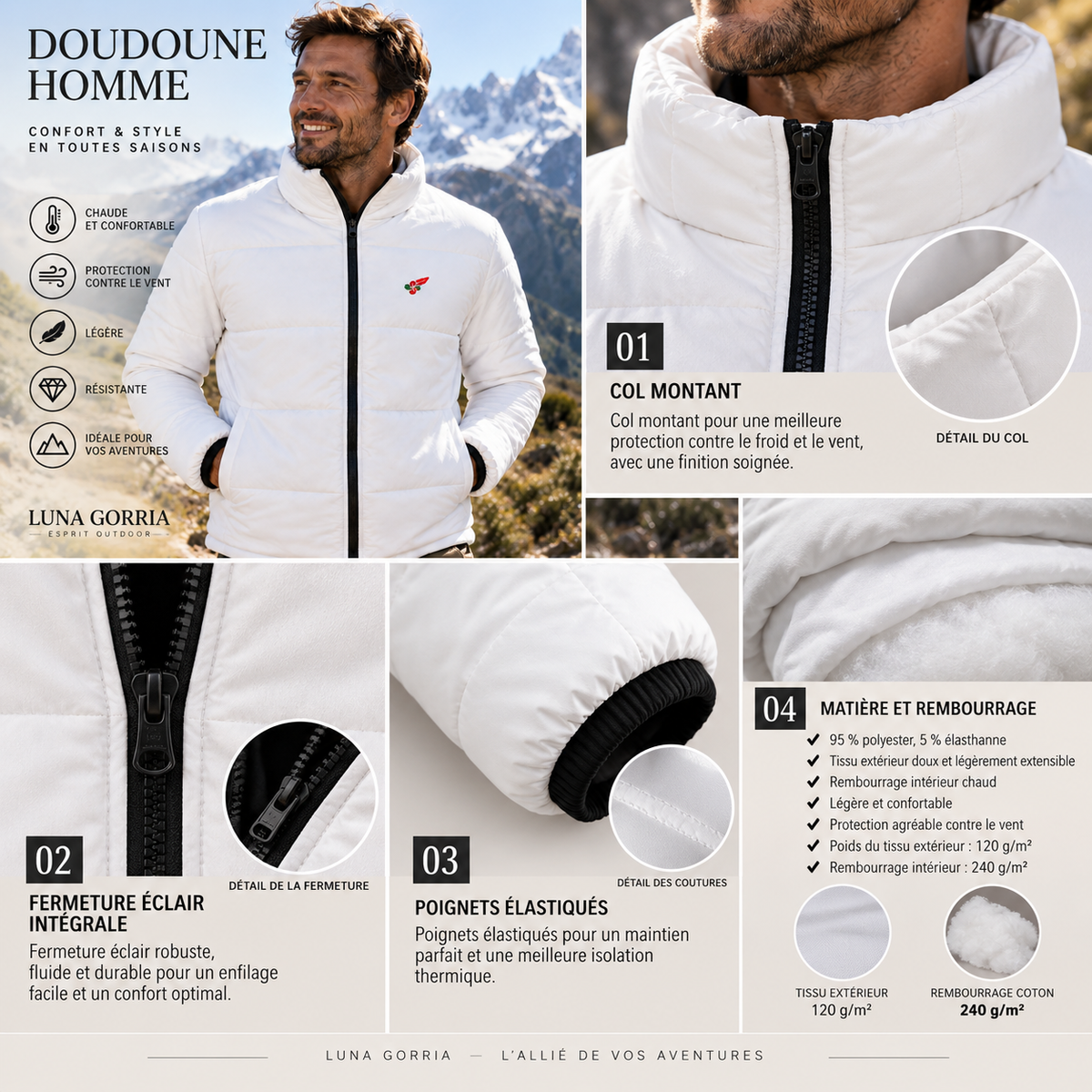 Doudoune  homme matelassée chaude en polyester – Légèreté, chaleur & protection
