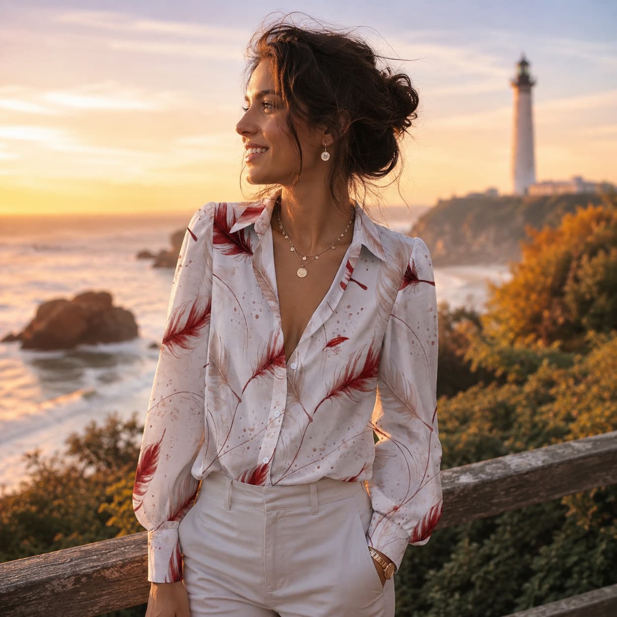 Chemise satinée à manches longues style lanterne pour femme porte de face couleur blanc