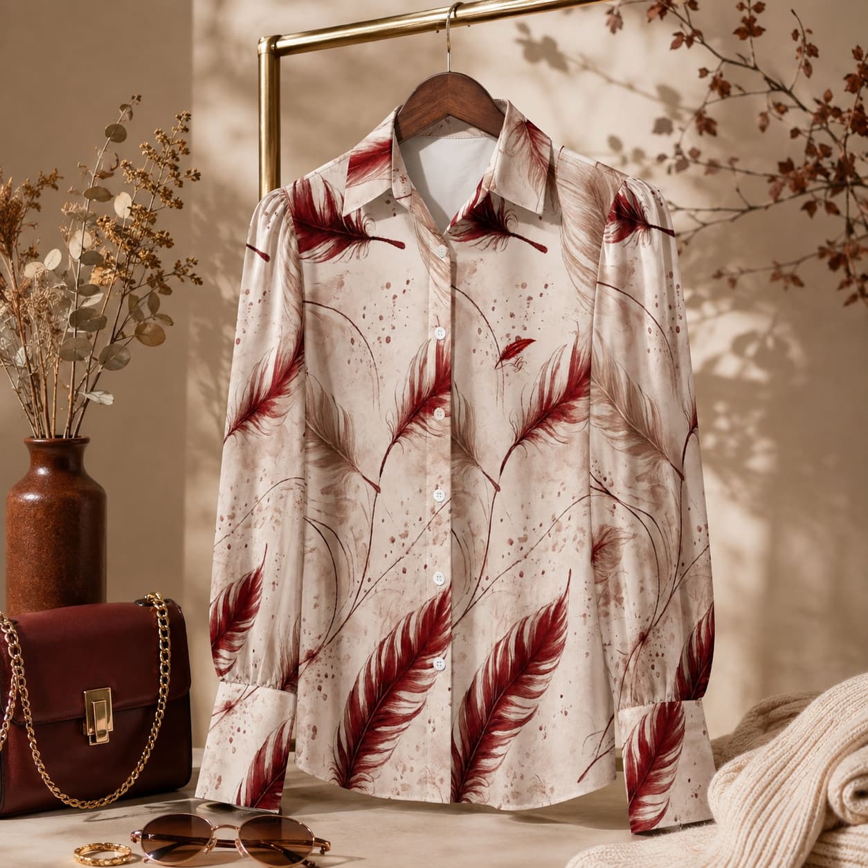 Chemise satinée à manches longues style lanterne pour femme non porter  presente sur un cintre couleur blanc