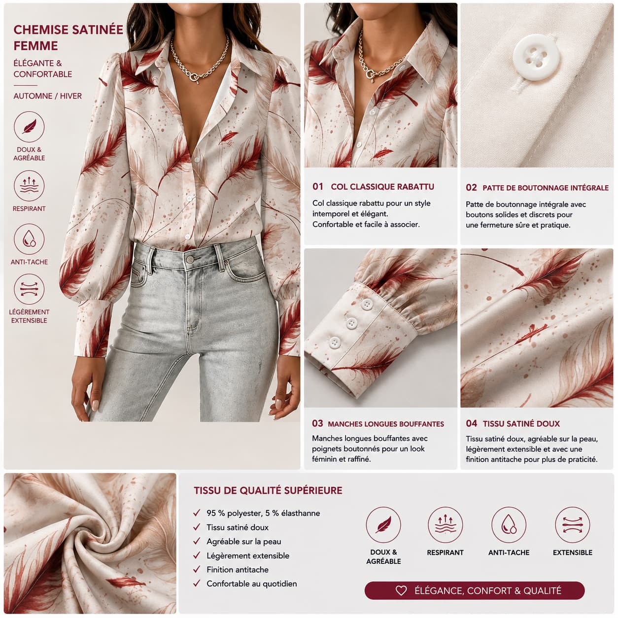 Chemise satinée à manches longues style lanterne pour femme non porter detail du produit 