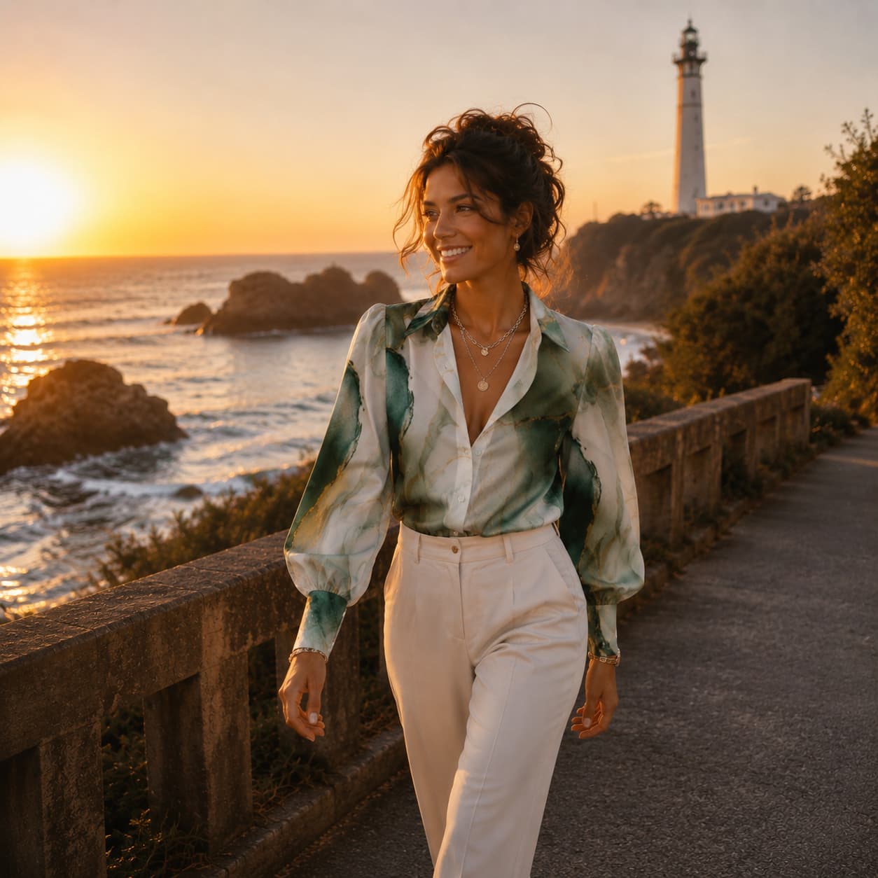 Chemise satinée à manches longues style lanterne pour femme porter de face couleur vert
