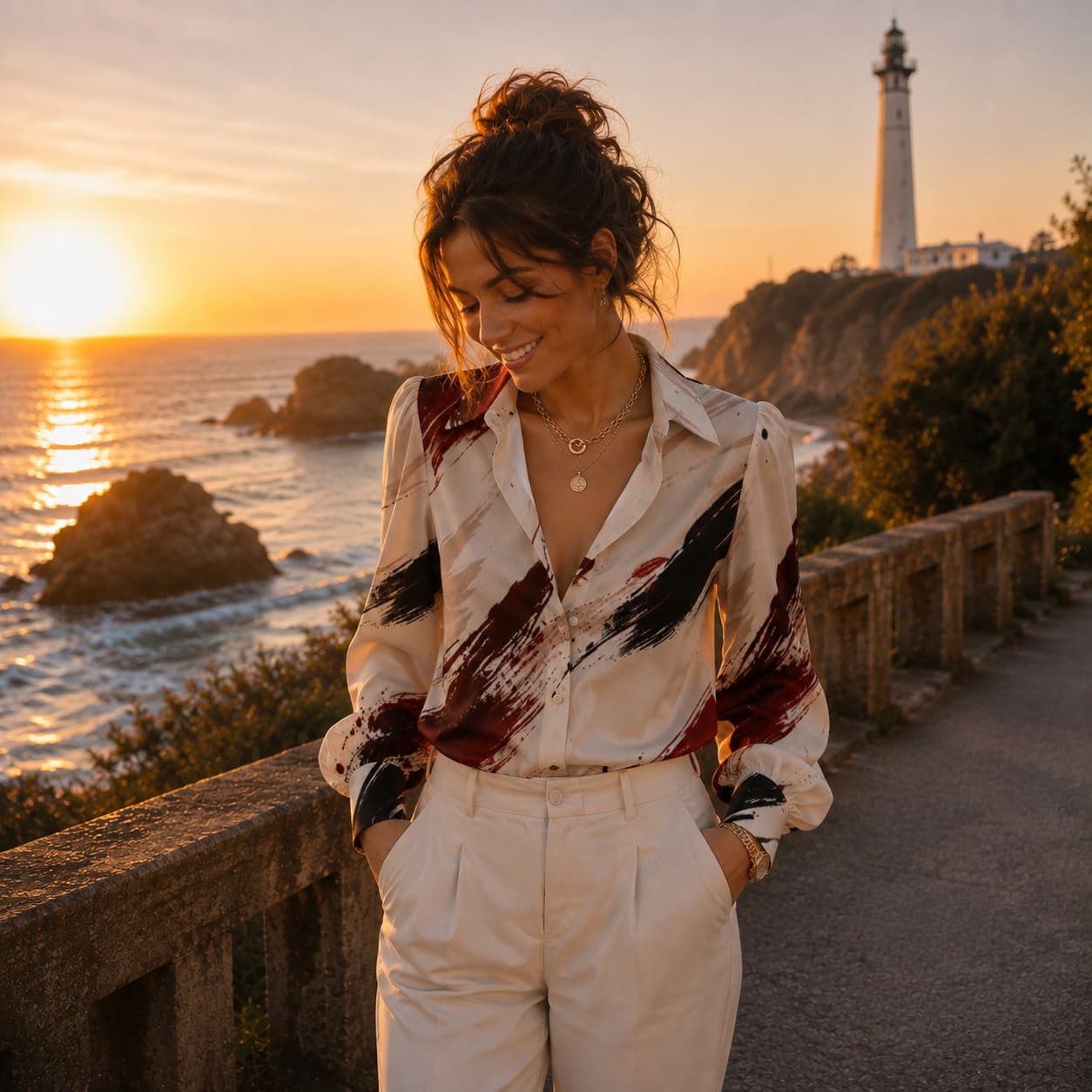 Chemise satinée à manches longues style lanterne pour femme porter de face couleur rouge