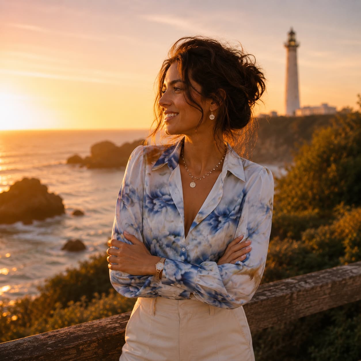 Chemise satinée à manches longues style lanterne pour femme porter de face couleur bleu azur