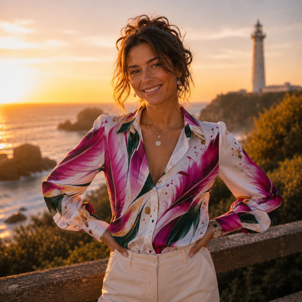 Chemise satinée à manches longues style lanterne pour femme porter de face couleur rose